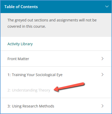 Once a chapter is hidden, the title of the chapter is greyed out in the table of contents.