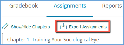 The "Export Assignments" link at the top of the Assignments page creates a CSV export file.