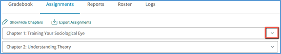 Once you are on the Assignments page in Vantage, you can click the caret for any chapter to open the dropdown menu for that chapter.