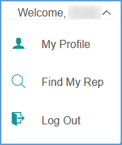 When clicking on "Welcome, [Your Name]" on the My Courses dashboard, it expands a menu. The menu options are My Profile, Find My Rep, and Log Out.