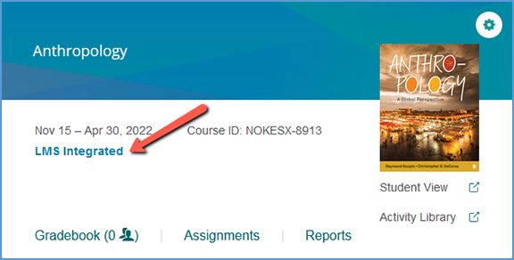 If you pair your Vantage course with your LMS, your course tile will show "LMS Integrated" immediately under the course dates.