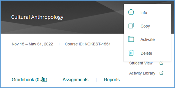 The Course Management Tools for an archived course tile change slightly. Edit is not available to archived courses. The Archive tool changes to Activate to allow restoring the course from the archive. LMS pairing and student enrollment impact the tools available.