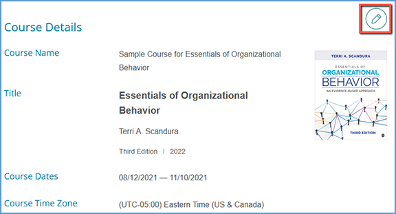 To add extra time to your sample course, click the pencil icon in the Course Details section to extend the end date.