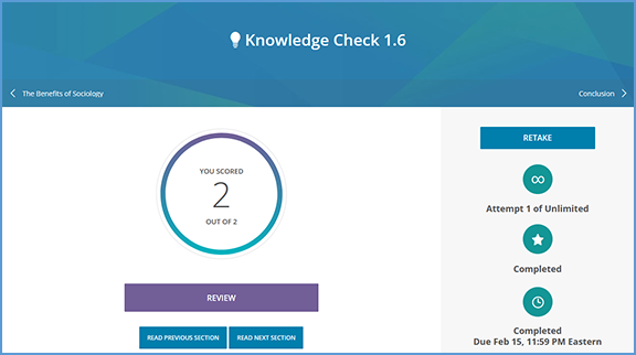 After completing an assignment, the results of the current attempt are displayed. The sidebar includes other information about the number of allowed attempts and when the attempt was completed.