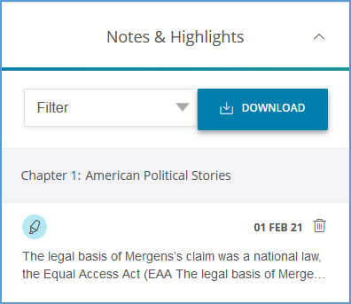 The "Notes & Highlights" section of the Activity Sidebar shows any notes or highlights made in the textbook.