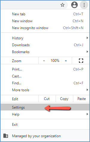 After opening the "Customize and control Google Chrome" menu, Settings is selected.