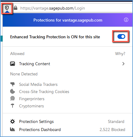 In Firefox, click the shield icon next to the URL in the browser. Then click the toggle for "Enhanced Tracking Protection is ON for this site."