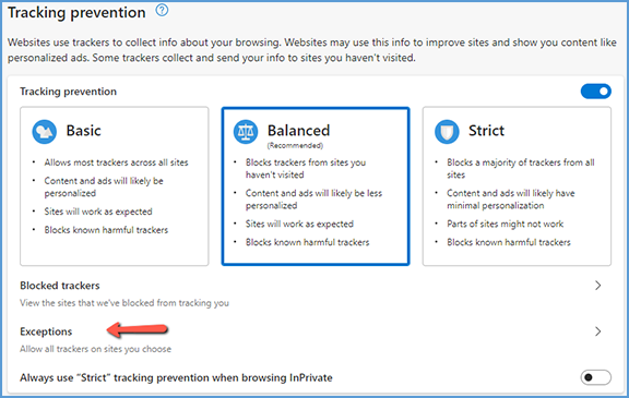 In the "Tracking prevention" section, look for Exceptions and click on it.