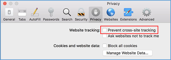 Uncheck the box next to "Prevent cross-site tracking."