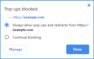 In the Pop-ups blocked menu, choose to Always allow pop-ups and redirects from [site name]. Click Done.