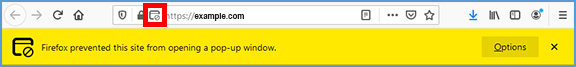 When a popup is blocked in Firefox, an information bar will appear. Click "Options" to open the pop-up menu.