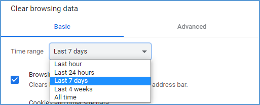 In the "Clear browsing data" window, choose a time range of at least 24 hours.