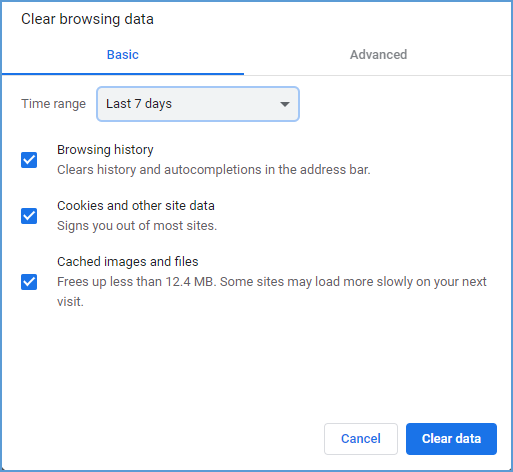After choosing the time range, make sure the checkboxes for "Cookies and other site data" and "Cached images and files" are ticked. Click the "Clear Data" button.