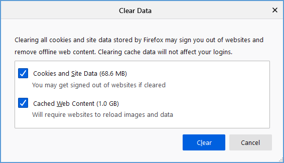 In the "Clear Data" window, make sure the checkboxes for "Cookies and Site Data" and "Cached Web Content" are ticked. Click the "Clear" button.