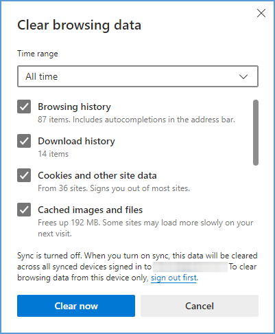 After choosing a time range, make sure the checkboxes for "Cookies and other site data" and "Cached images and files" are ticked. Click the "Clear Now" button.