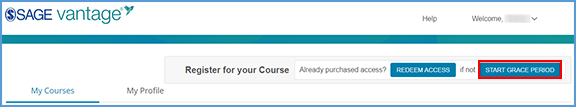 In the Vantage account where you would like the purchase applied (usually under your school email address), if you have not yet started a grace period, you can do so now. At the top right of the My Courses page, click the "Start Grade Period" button. Enter the Course ID of your instructor's course. 
