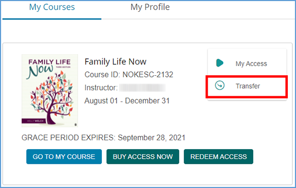 On your My Courses dashboard, click the gear icon for the course you want to transfer out of. In the action menu, choose "Transfer."