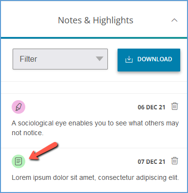 Notes are listed in the Notes & Highlights section of the activity sidebar. Notes are flagged with a notebook paper icon to differentiate them from highlights.