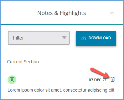 In the Notes & Highlights section of the activity sidebar, locate the note you want to delete and click its trash can icon.