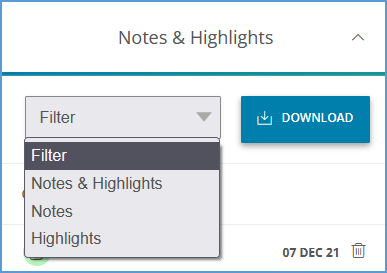 The Filter dropdown menu allows sorting by Notes, Highlights or both. The Download button will download notes and highlights that have been made based on the Filter setting.
