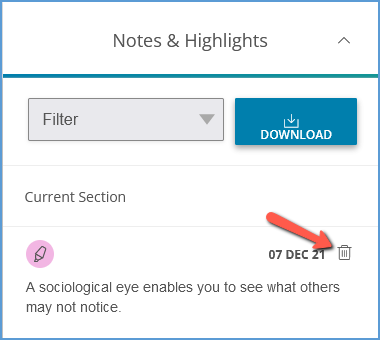 In the Notes & Highlights section of the activity sidebar, locate the highlight you want to delete and click its trash can icon.