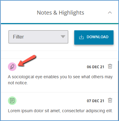 Highlights are listed in the Notes & Highlights section of the activity sidebar. They are flagged with a highlighter icon in the same color that was used to highlight the selected text.