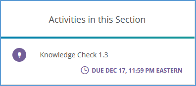 The "Activities in this Section" of the sidebar lists all activities available in the section being read. Titles and due dates are listed for all activities.
