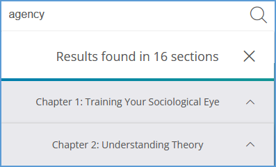 After a search term is entered, the search results display the number of sections where the term appears. A list of all chapters is included below the number of results found. Click a chapter title to expand it.
