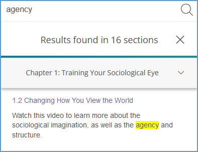 After clicking a chapter in the search results list, the section number and sentence where the term appears are shown.