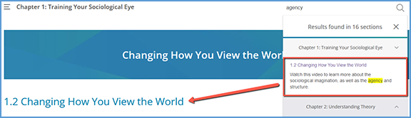 After clicking a chapter in the search results list, clicking on any result in the list takes the student directly to that section in the textbook.