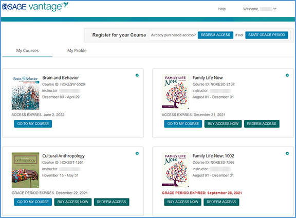 The sample of the My Courses dashboard shows a student account with four course tiles available.