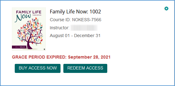 This  image shows an example of a course tile with an expired grace period. The expiration date of the grace period is displayed in red A student can "Buy Access Now" or "Redeem Access."