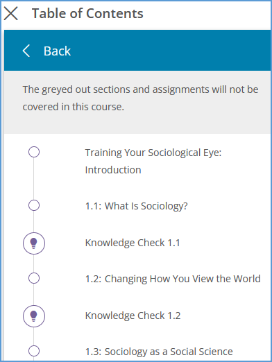 Expand a chapter in the Table of Contents by clicking on the chapter name. All sections and activities for that chapter are listed. Click "Back" at the top of the list to return to the chapter list.