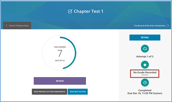 After completing an overdue assignment, if the instructor does not accept late grades, the sidebar indicates "No Grade Recorded."