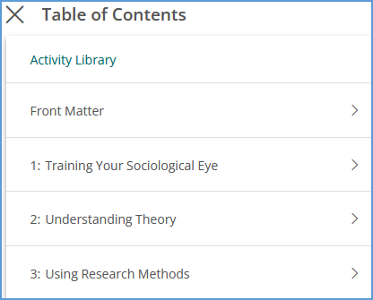 After clicking Table of Contents, the menu expands to the full chapter list of the course.